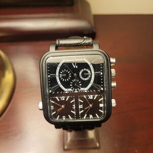 New Men's Black V6 Triple Time Zone Fashion Watch